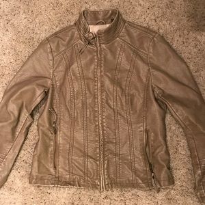 Tan Faux Leather Biker Jacket - Large